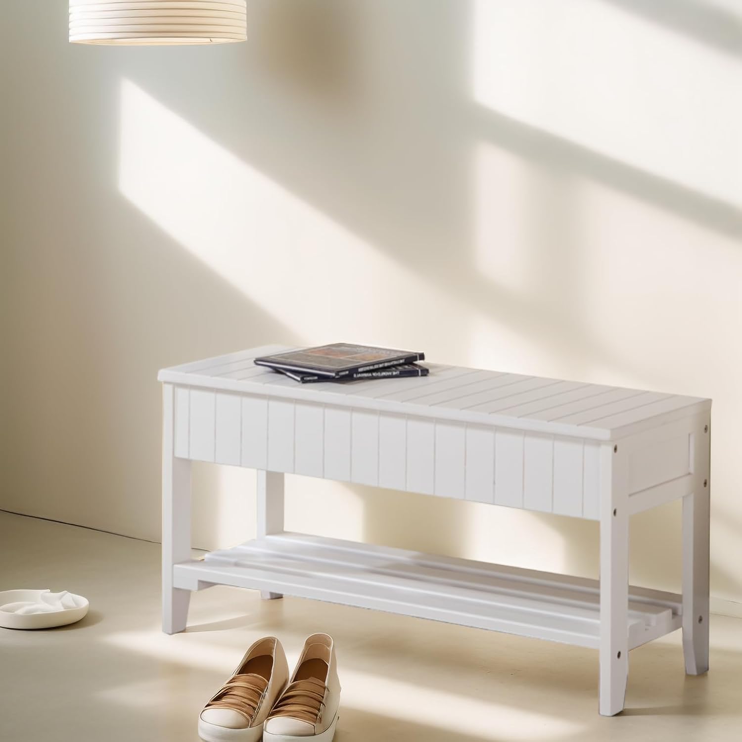 White Flip-Top Solid Wood Shoe Bench