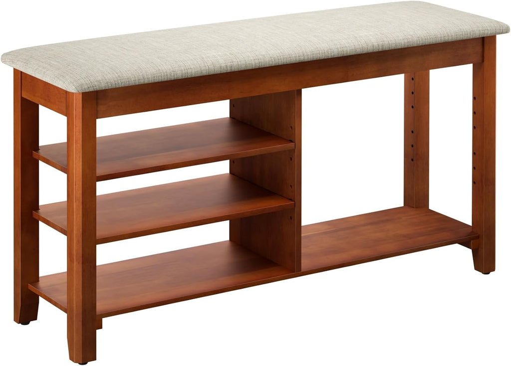 Beige Cushioned Flip-Top Wood Shoe Bench