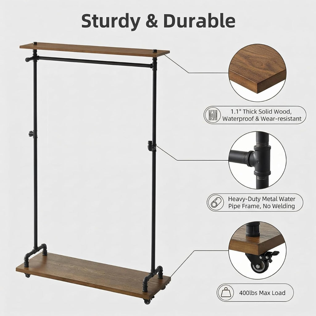 Rustic Rolling Wood Pipe Garment Rack