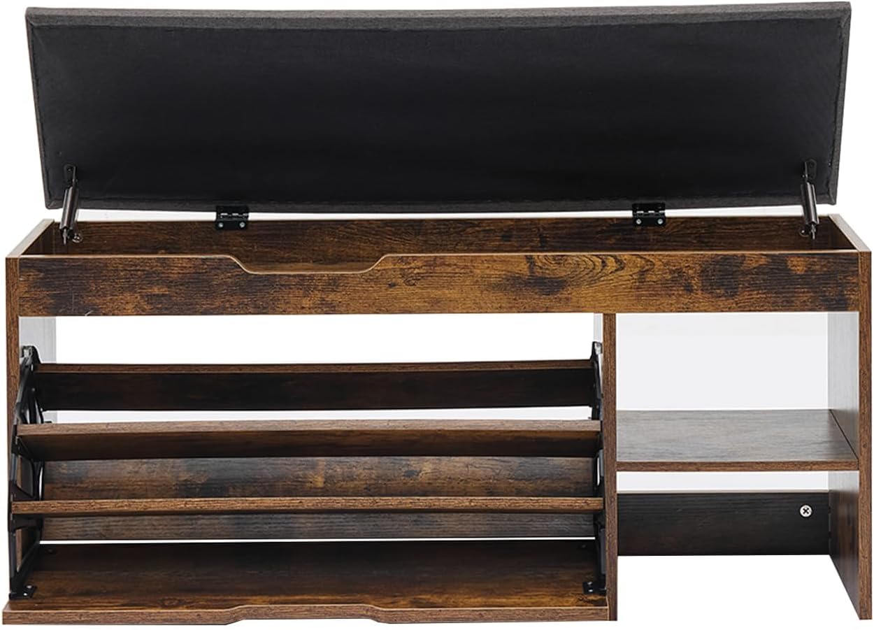 Brown Lift-Top Cushioned Shoe Storage Bench
