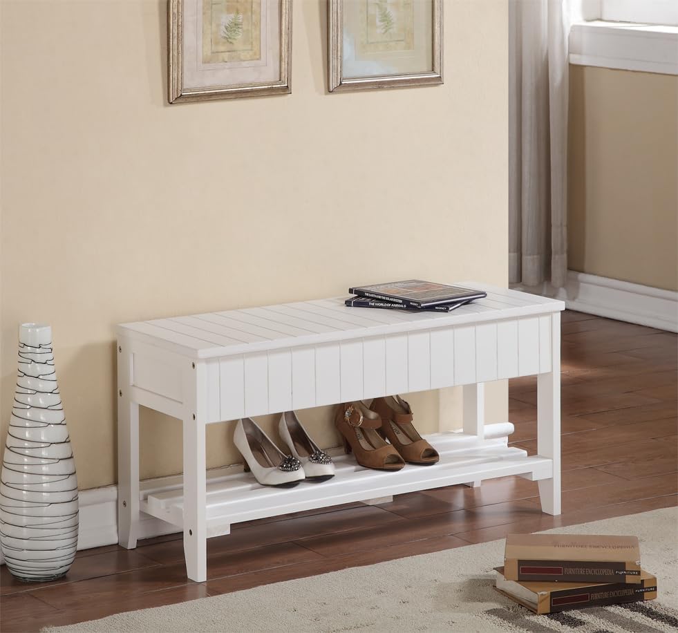 White Flip-Top Solid Wood Shoe Bench