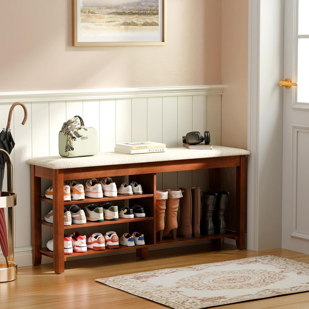 Cushioned Flip-Top Solid Wood Shoe Bench