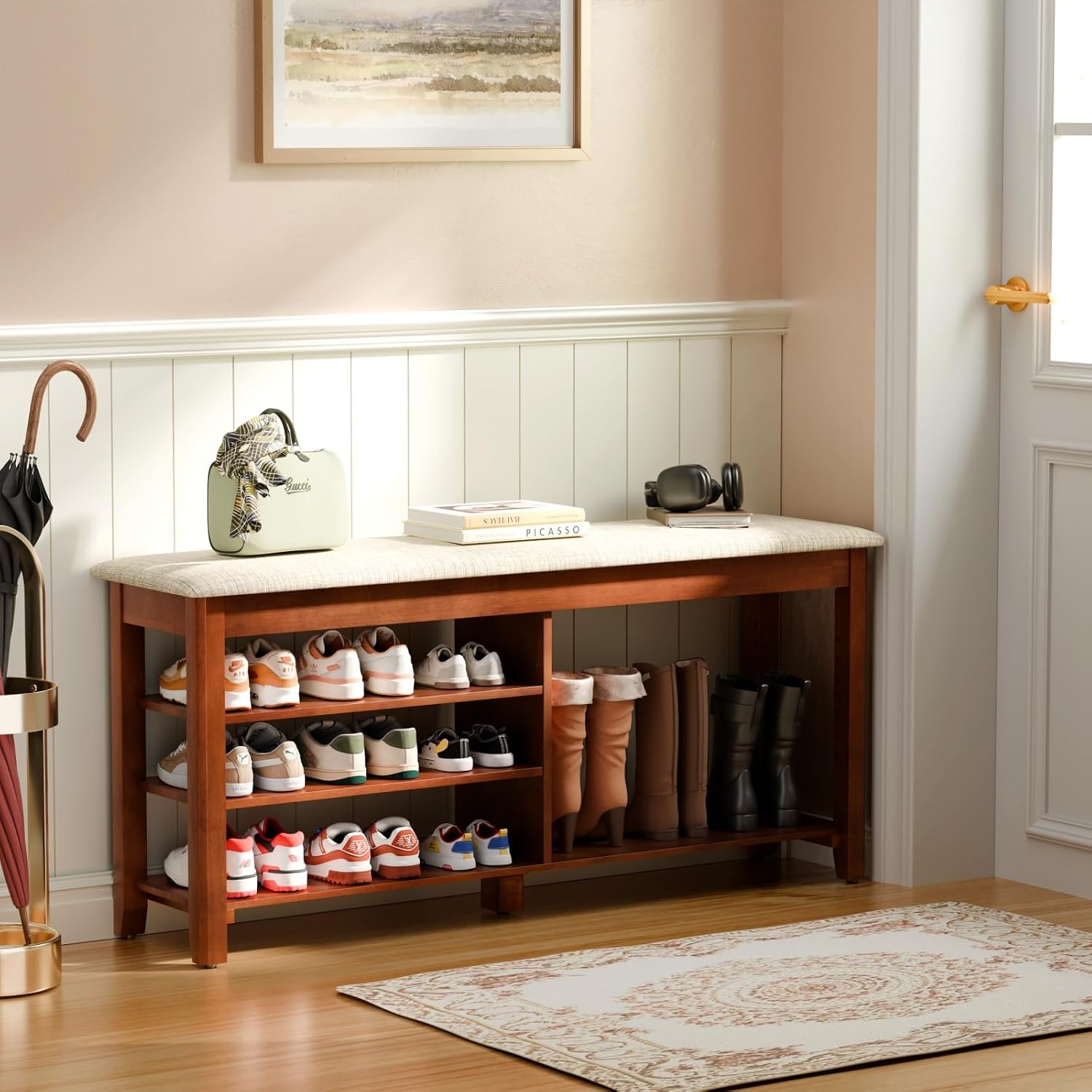 Cushioned Flip-Top Solid Wood Shoe Bench