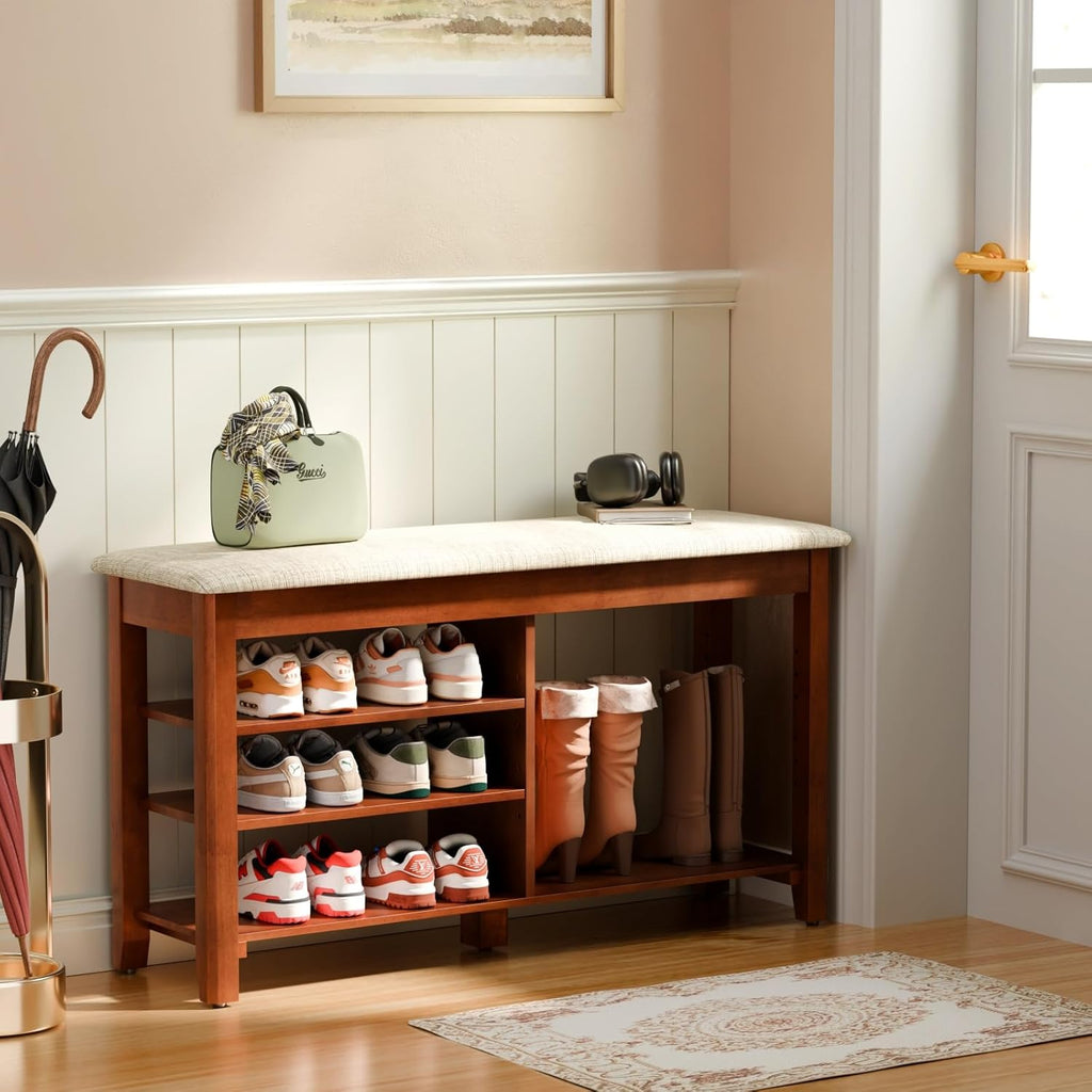 Beige Cushioned Flip-Top Wood Shoe Bench