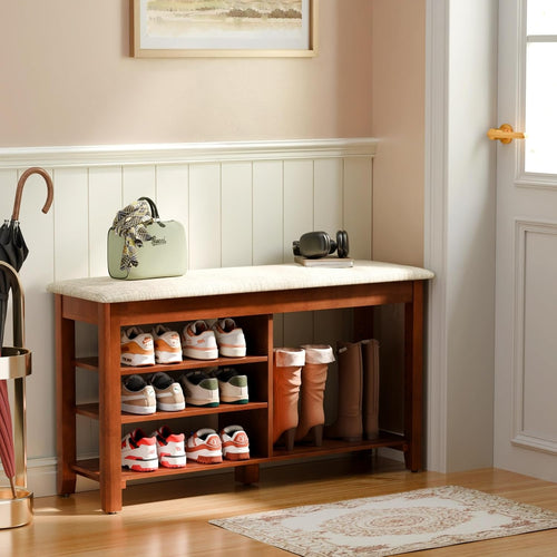 Beige Cushioned Flip-Top Wood Shoe Bench