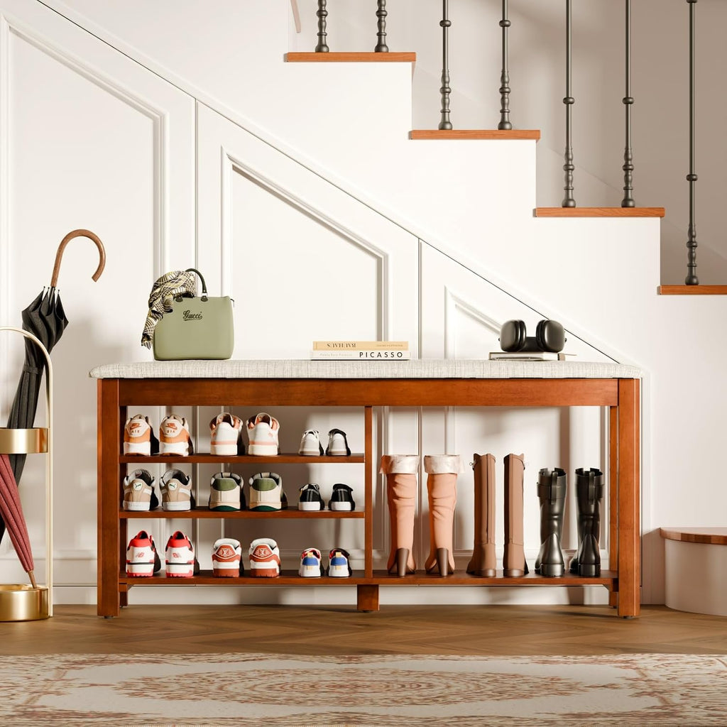 Cushioned Flip-Top Solid Wood Shoe Bench