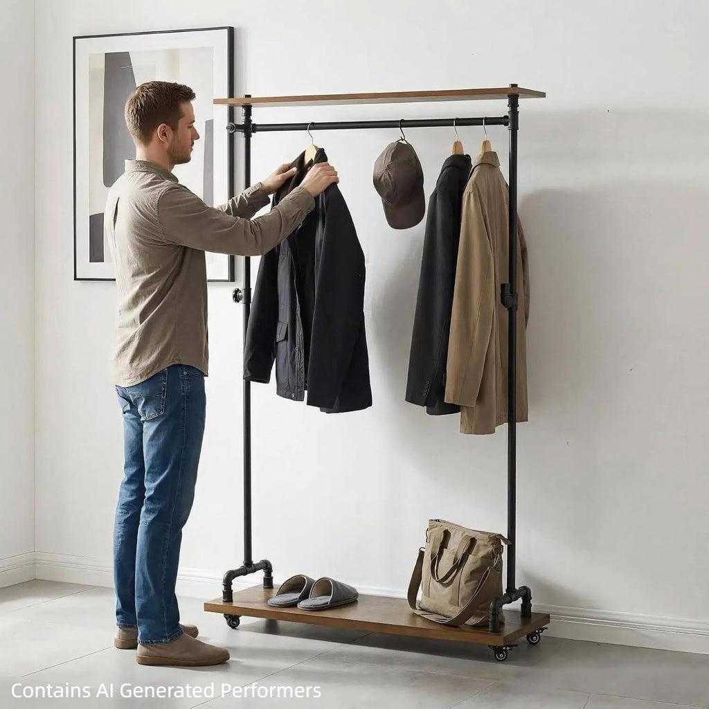 Rustic Rolling Wood Pipe Garment Rack