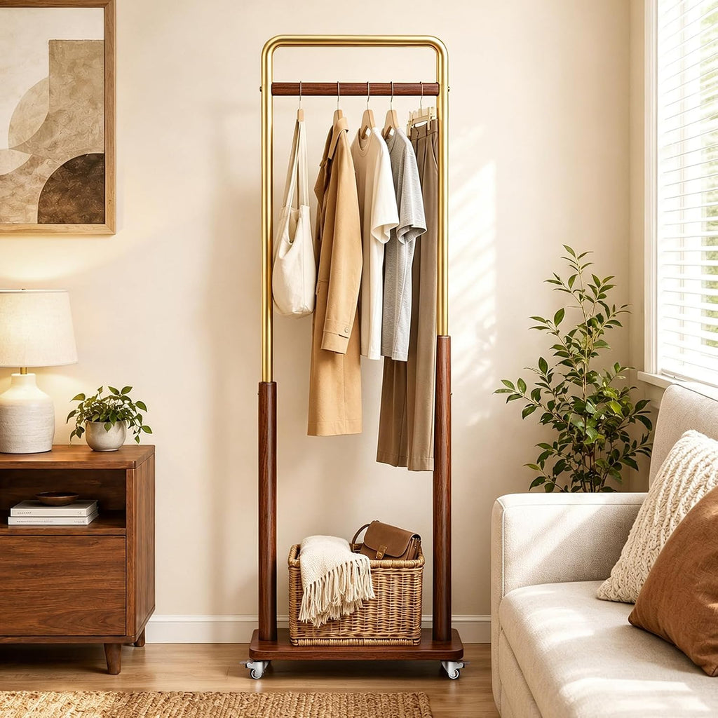 Wood Metal Rolling Freestanding Garment Rack