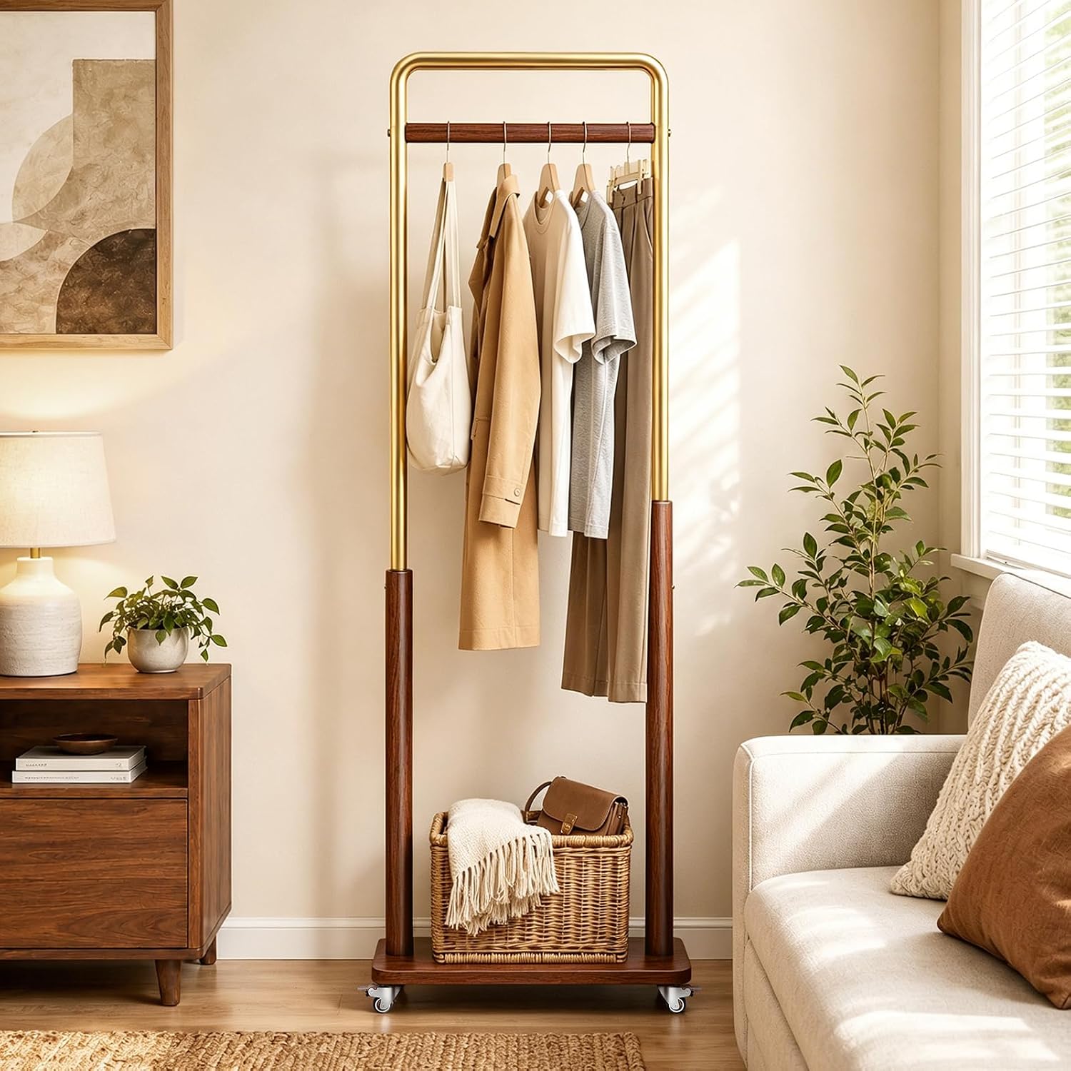 Wood Metal Rolling Freestanding Garment Rack
