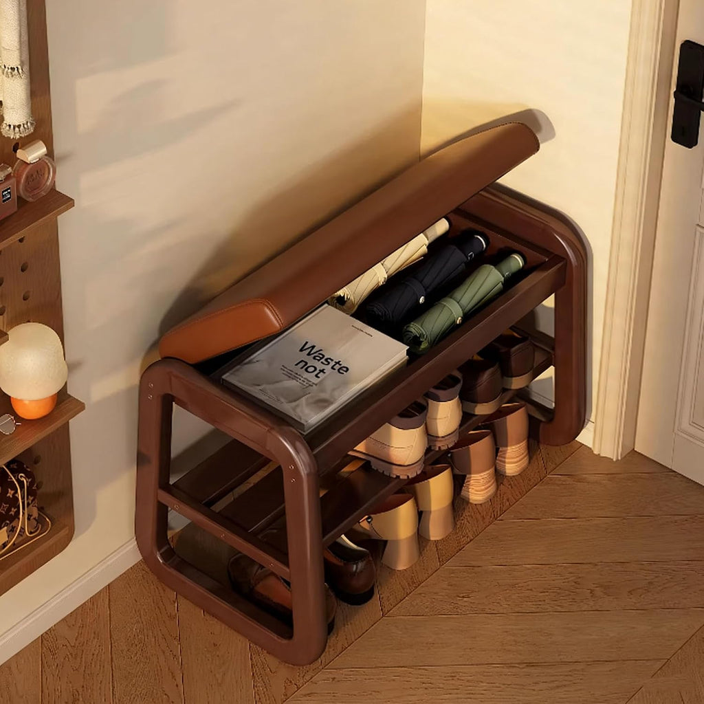 Brown Flip-Top Upholstered 2-Tier Shoe Bench