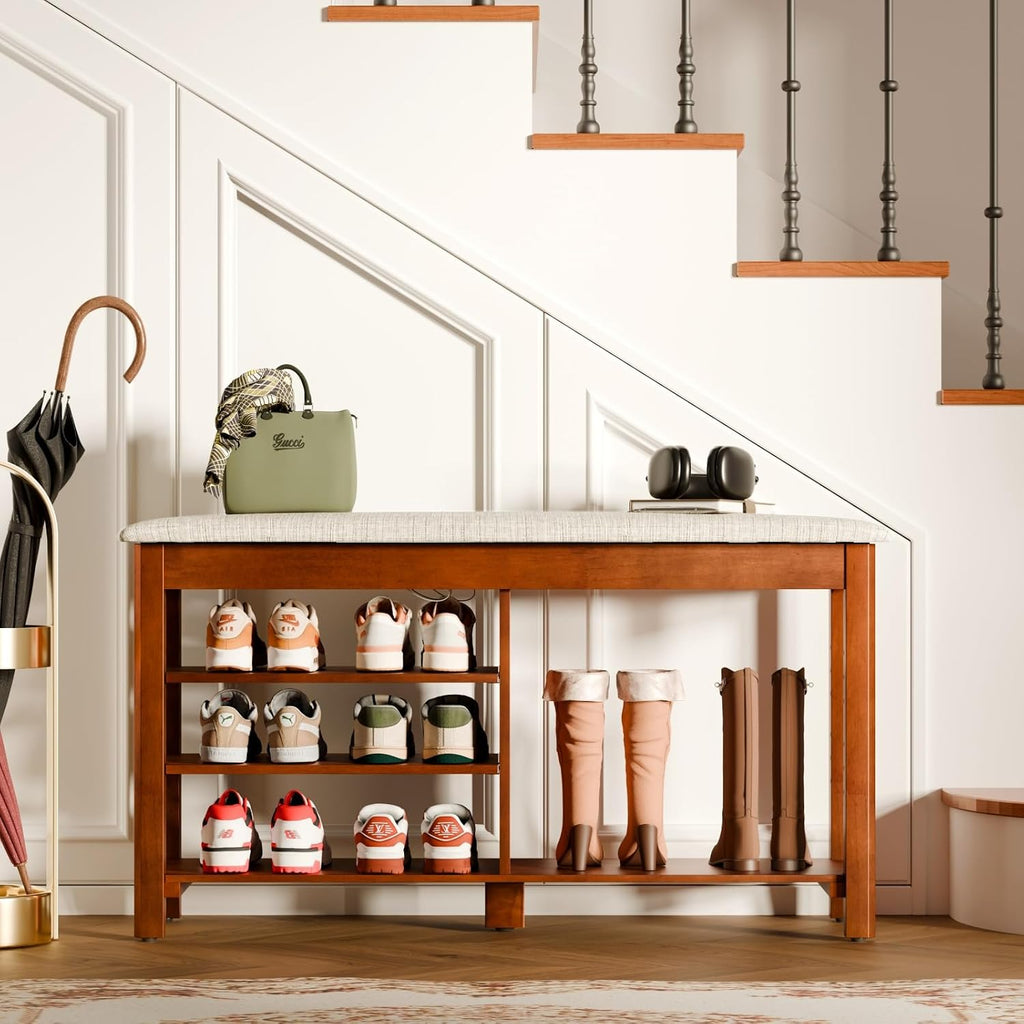 Beige Cushioned Flip-Top Wood Shoe Bench