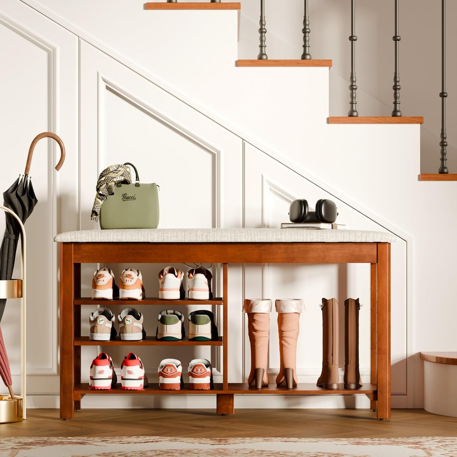 Beige Cushioned Flip-Top Wood Shoe Bench