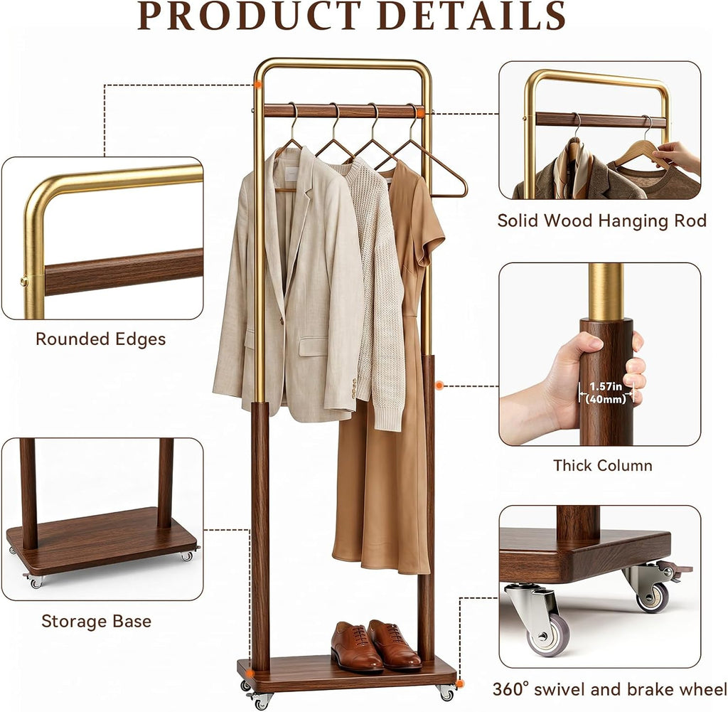 Wood Metal Rolling Freestanding Garment Rack