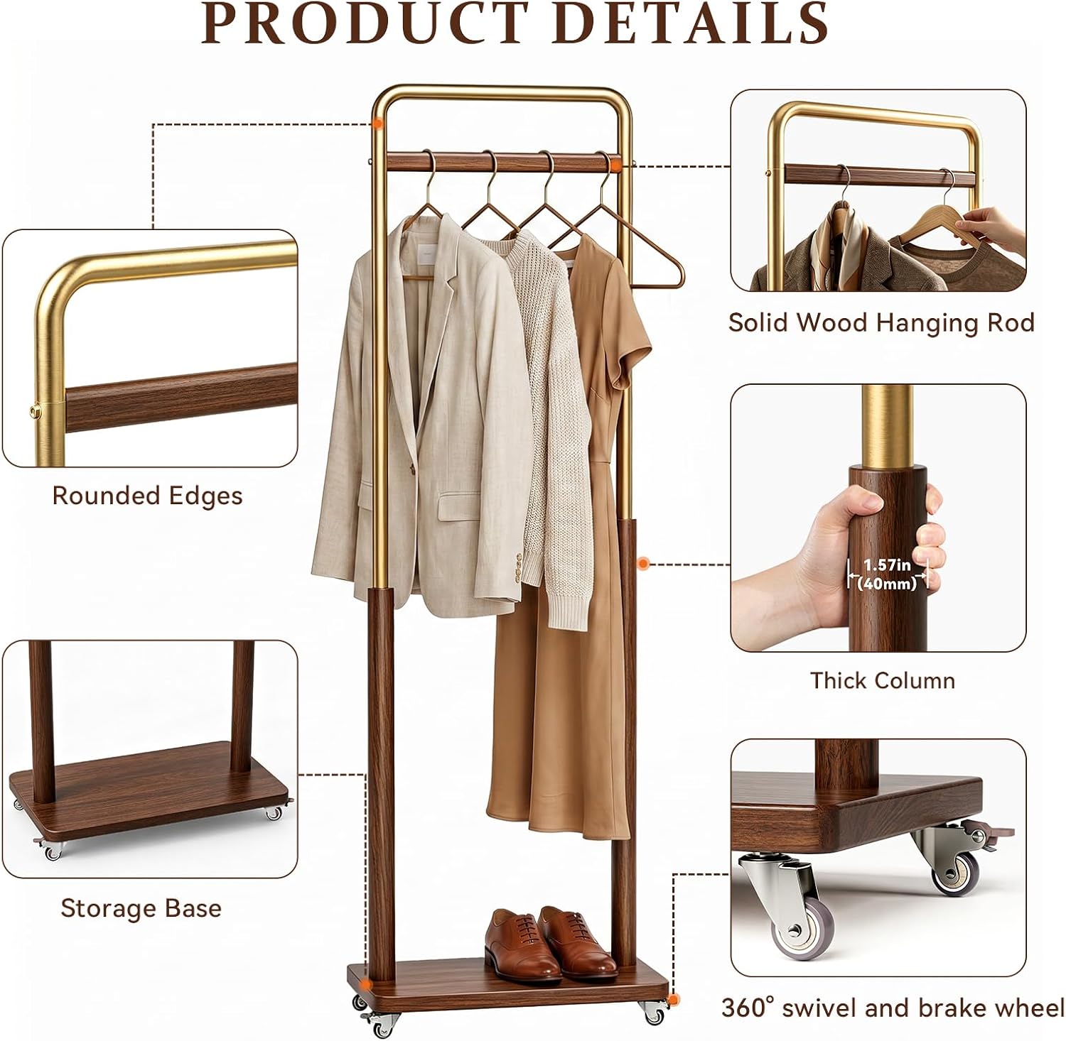 Wood Metal Rolling Freestanding Garment Rack
