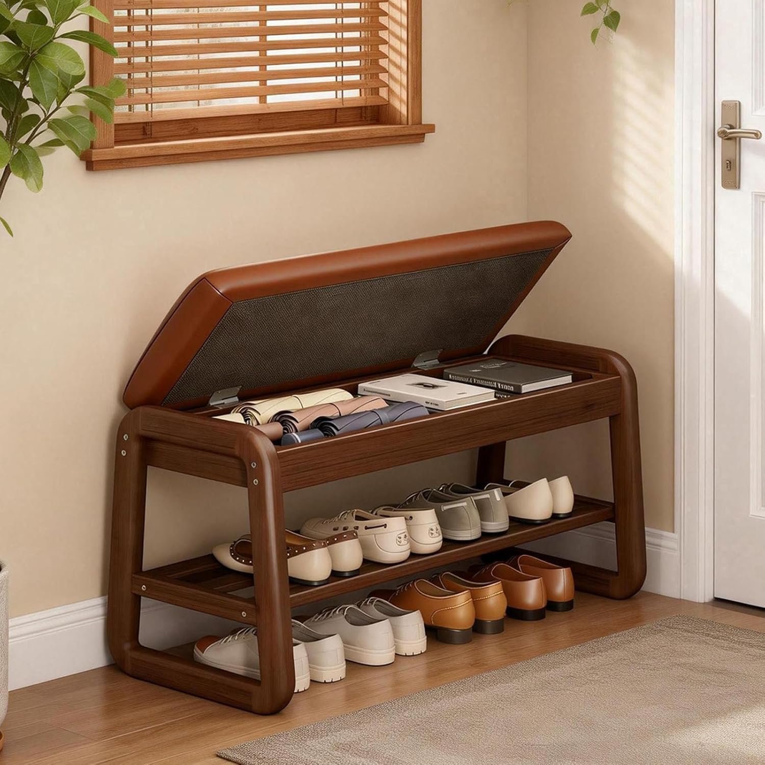 Brown Flip-Top Upholstered 2-Tier Shoe Bench