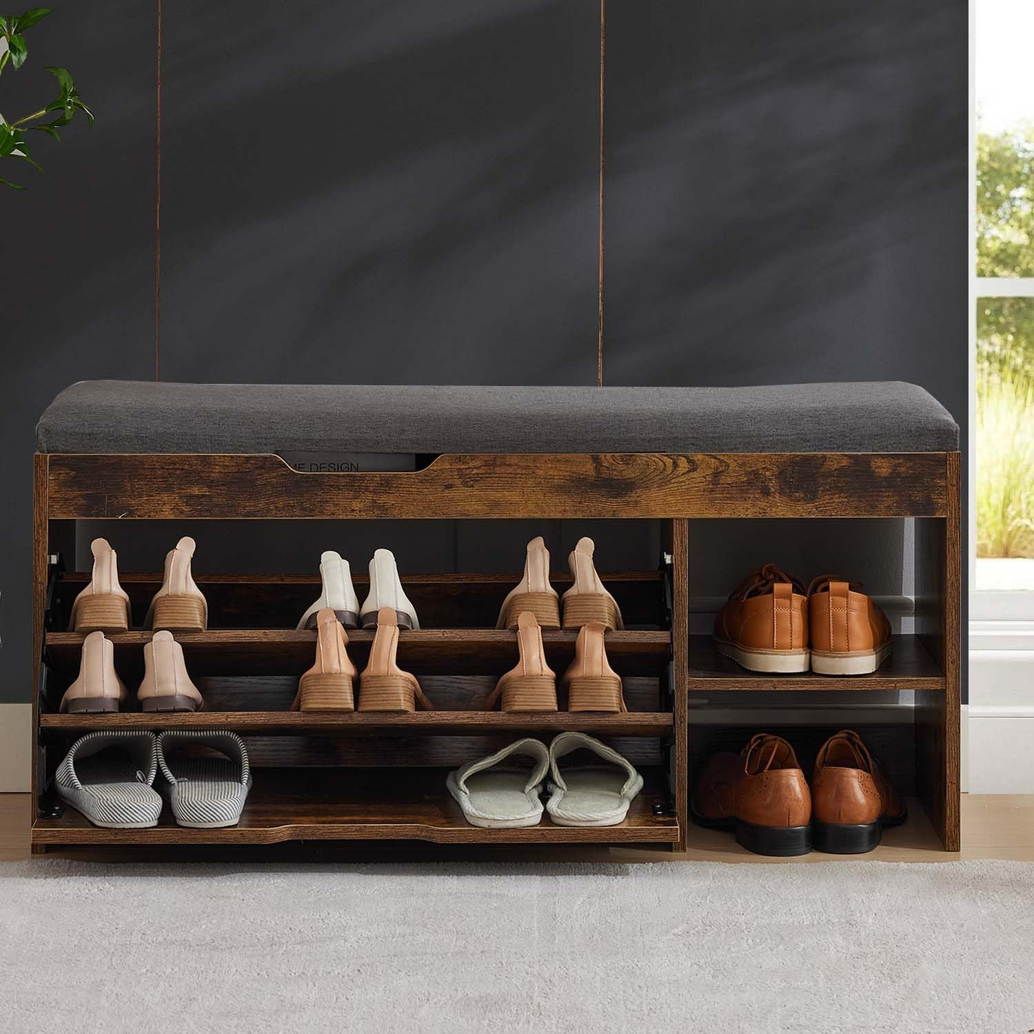 Brown Lift-Top Cushioned Shoe Storage Bench