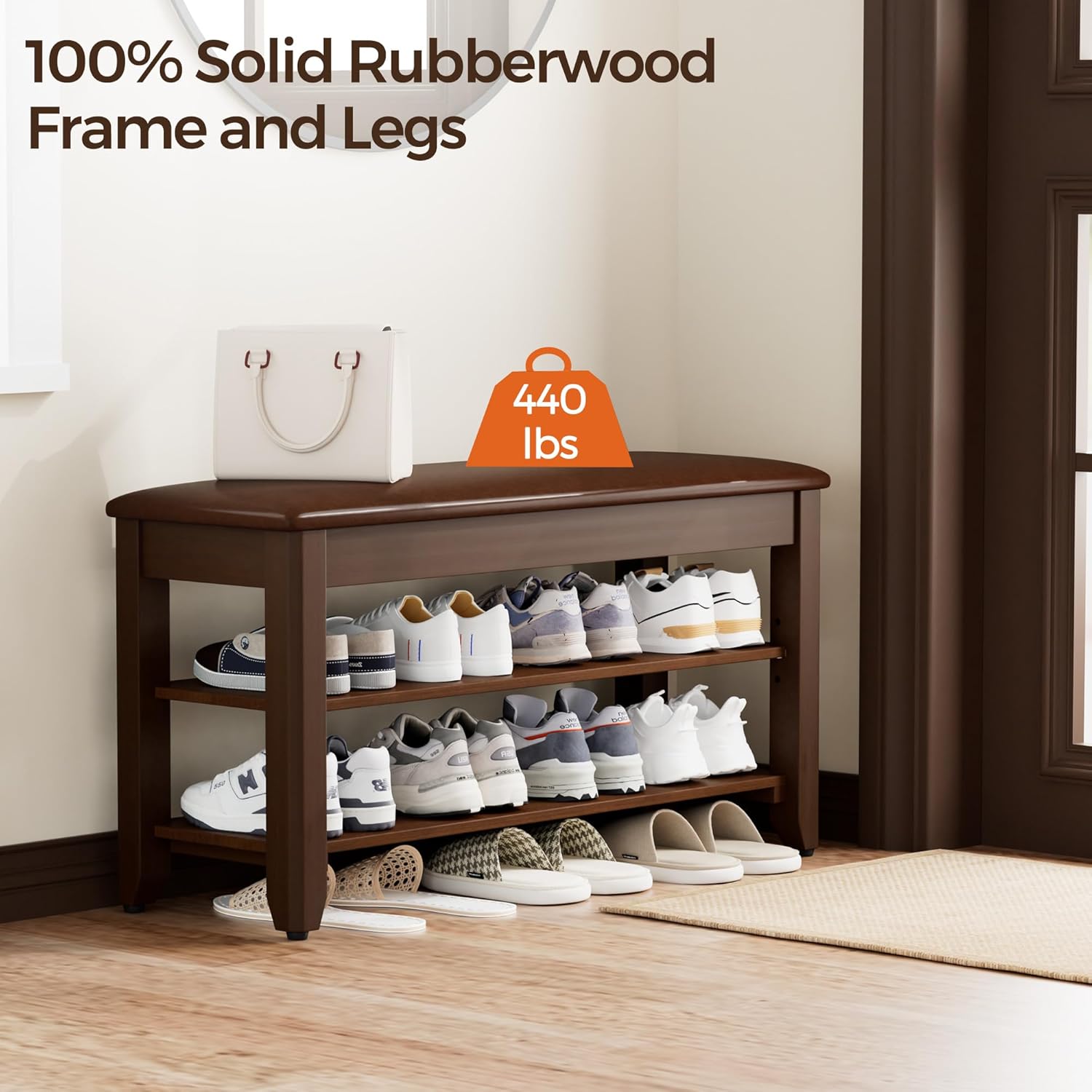 Walnut Cushioned Flip-Top Wood Shoe Bench