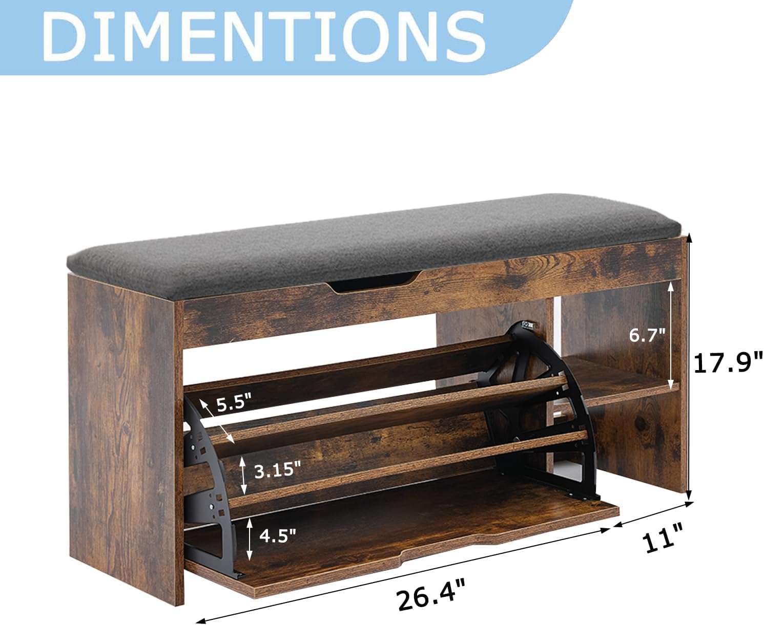 Brown Lift-Top Cushioned Shoe Storage Bench