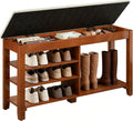 Beige Cushioned Flip-Top Wood Shoe Bench