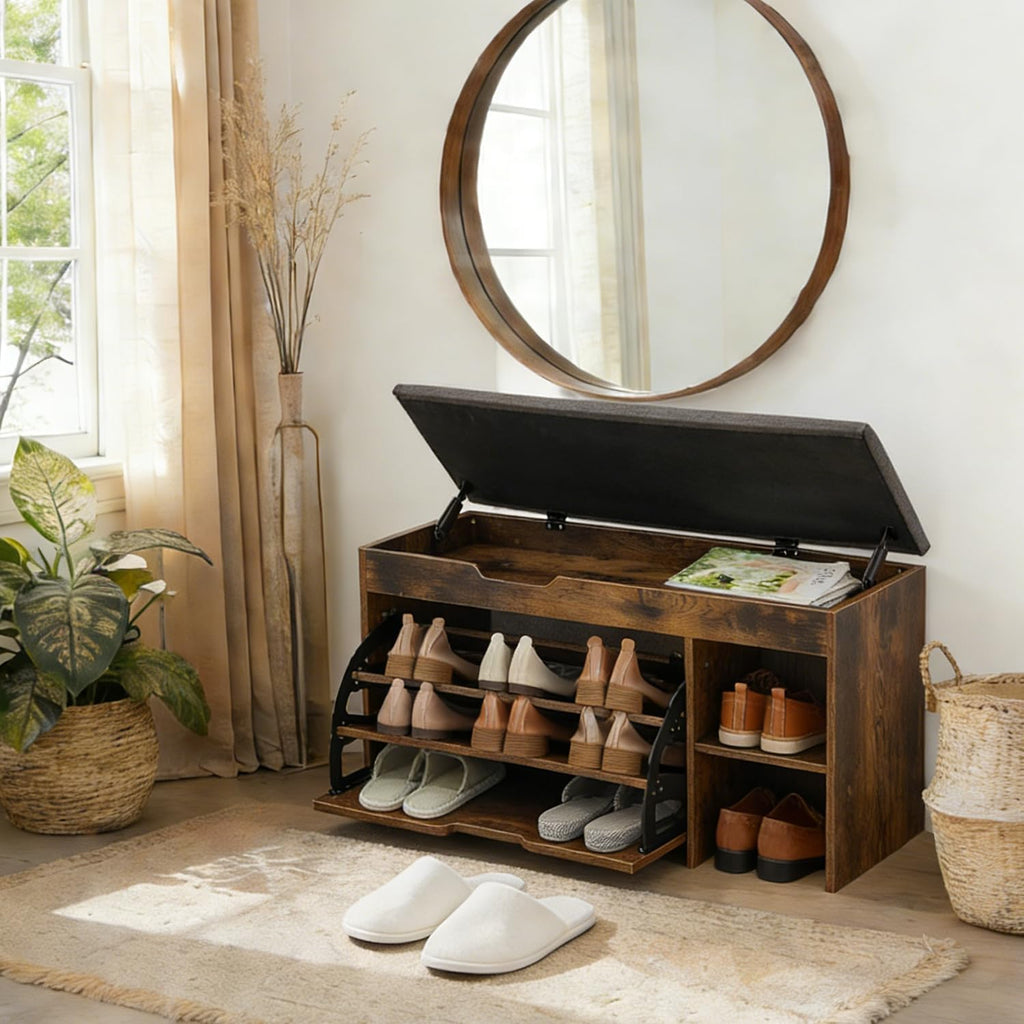Brown Lift-Top Cushioned Shoe Storage Bench