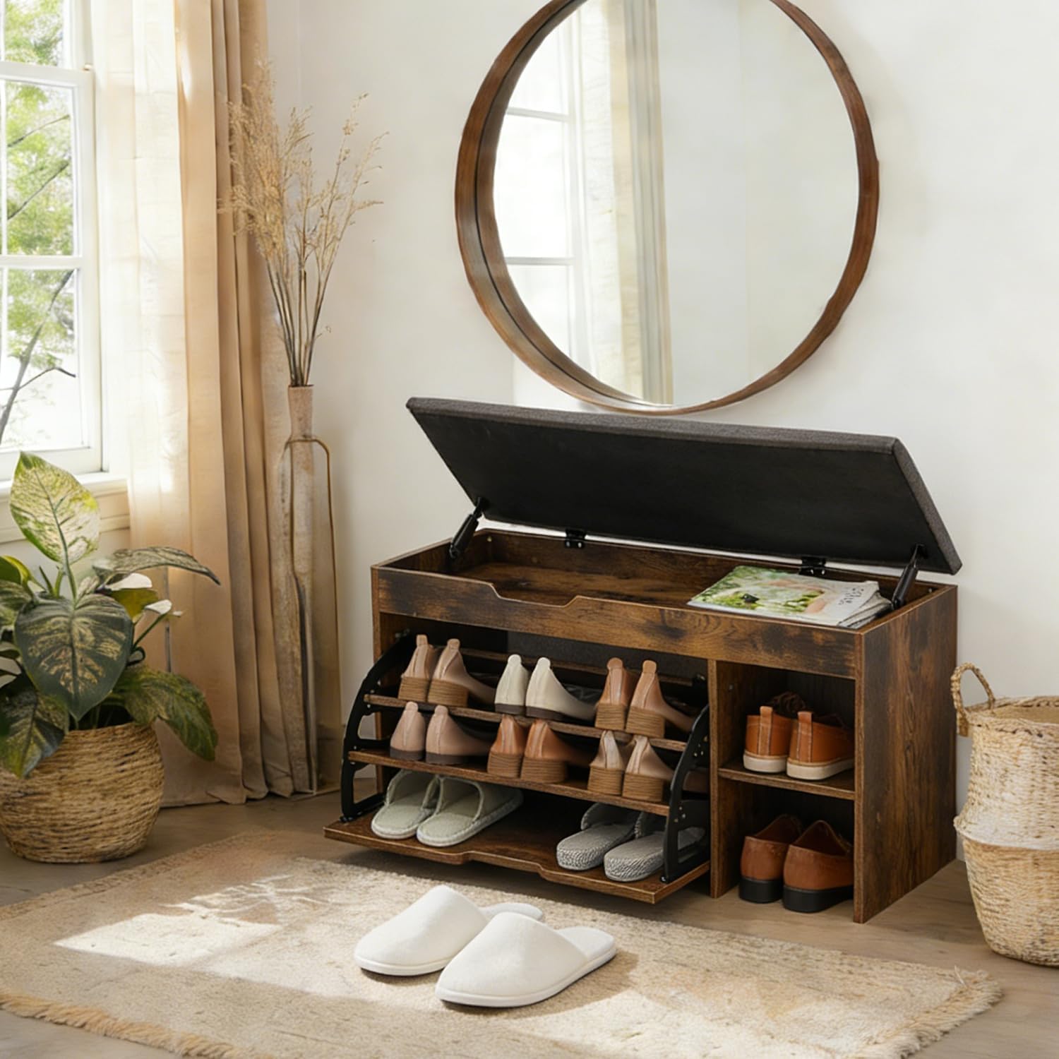 Brown Lift-Top Cushioned Shoe Storage Bench