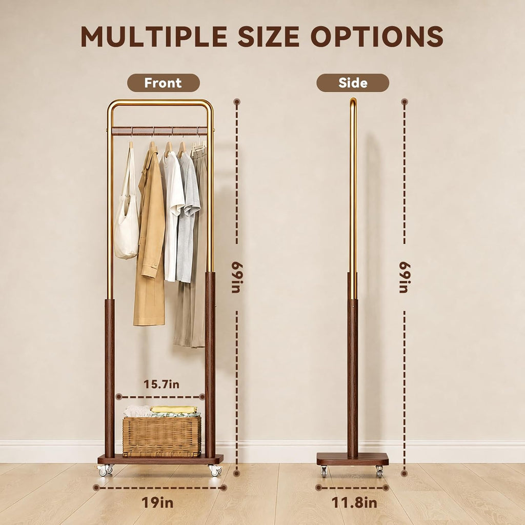 Wood Metal Rolling Freestanding Garment Rack