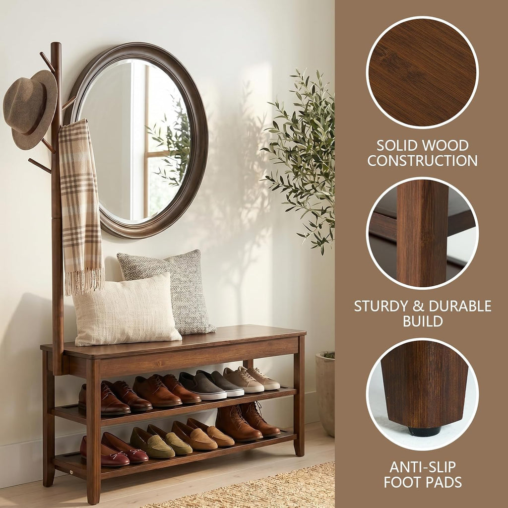 Walnut 3-in-1 Entryway Shoe Bench with Coat Rack
