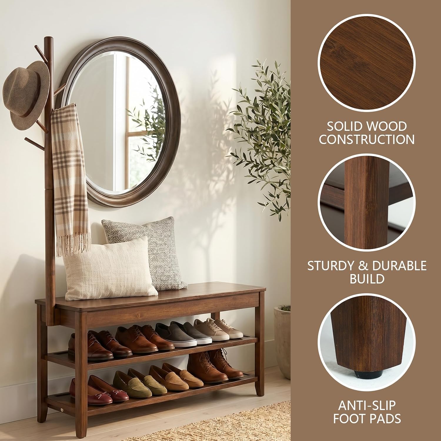 Walnut 3-in-1 Entryway Shoe Bench with Coat Rack