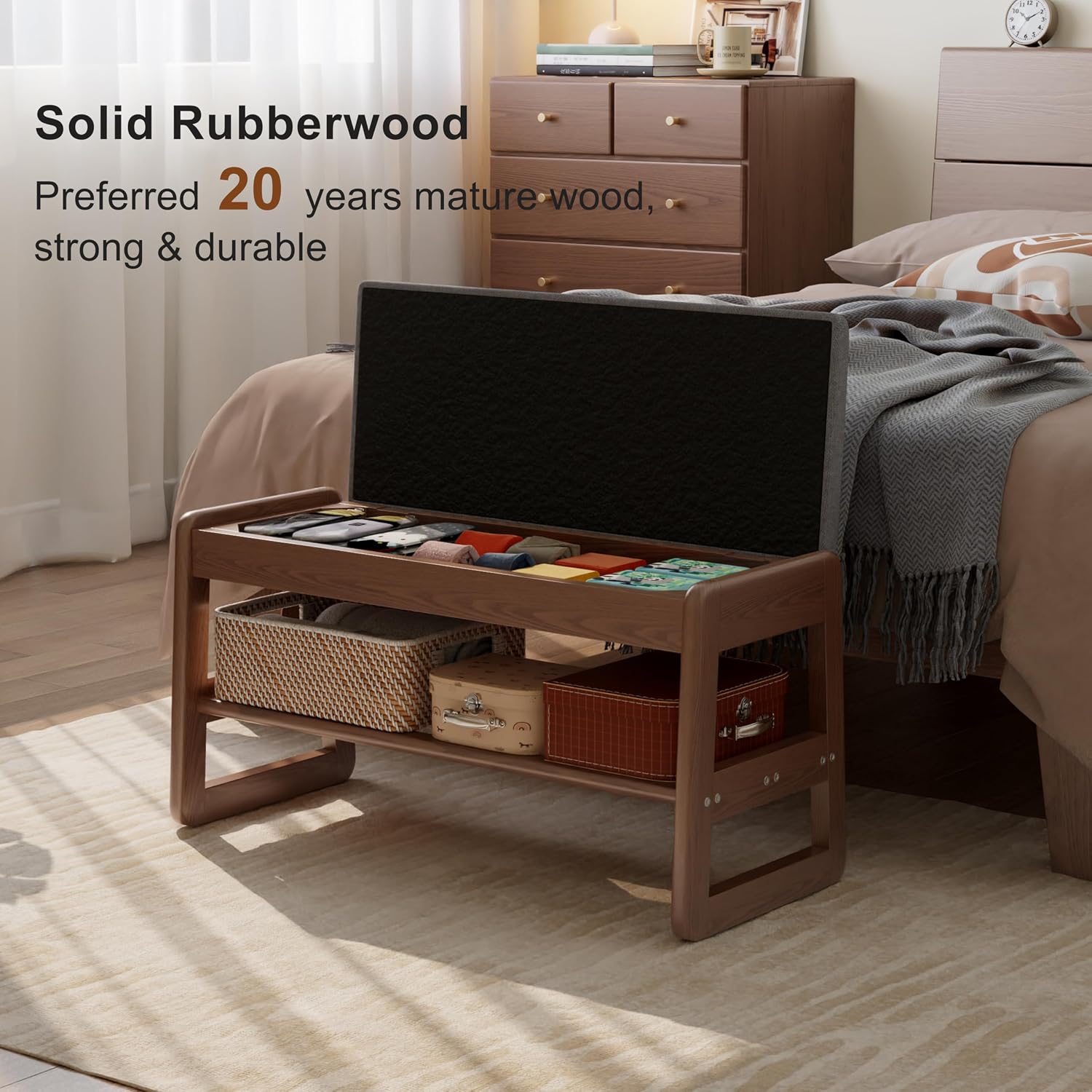 Walnut Upholstered Flip-Top Shoe Bench