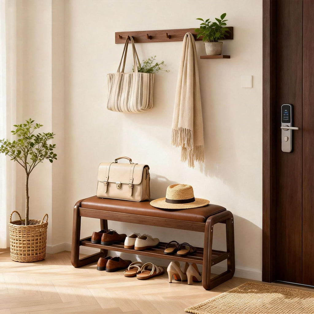 Brown Flip-Top Upholstered 2-Tier Shoe Bench