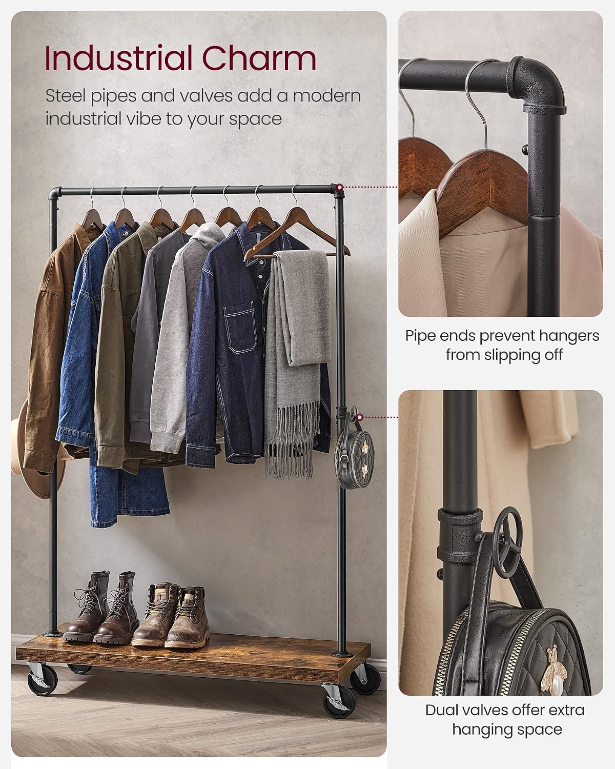 Rustic Rolling Industrial Pipe Garment Rack