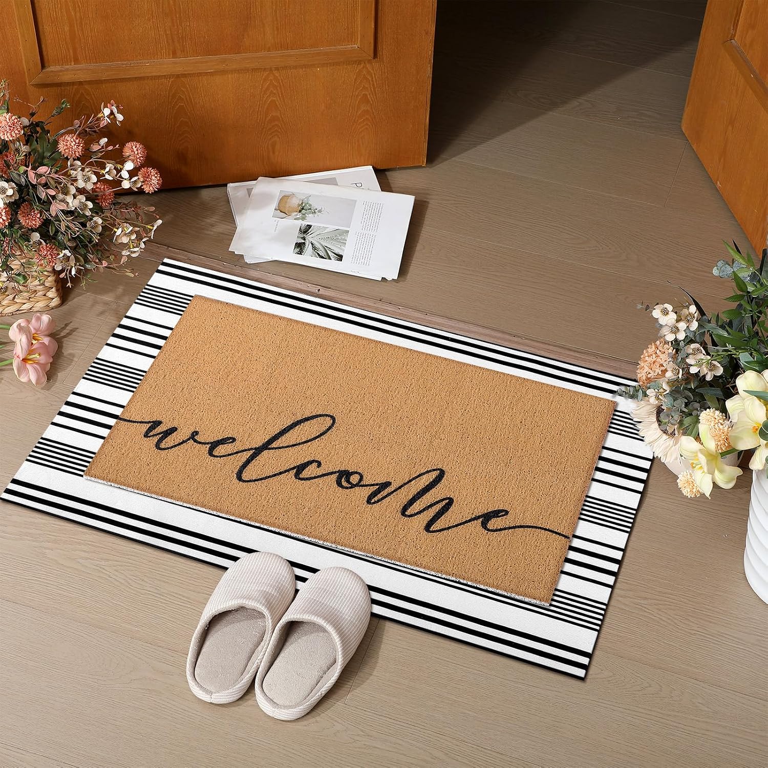 Welcome Layered Non Slip Coir Entryway Doormat
