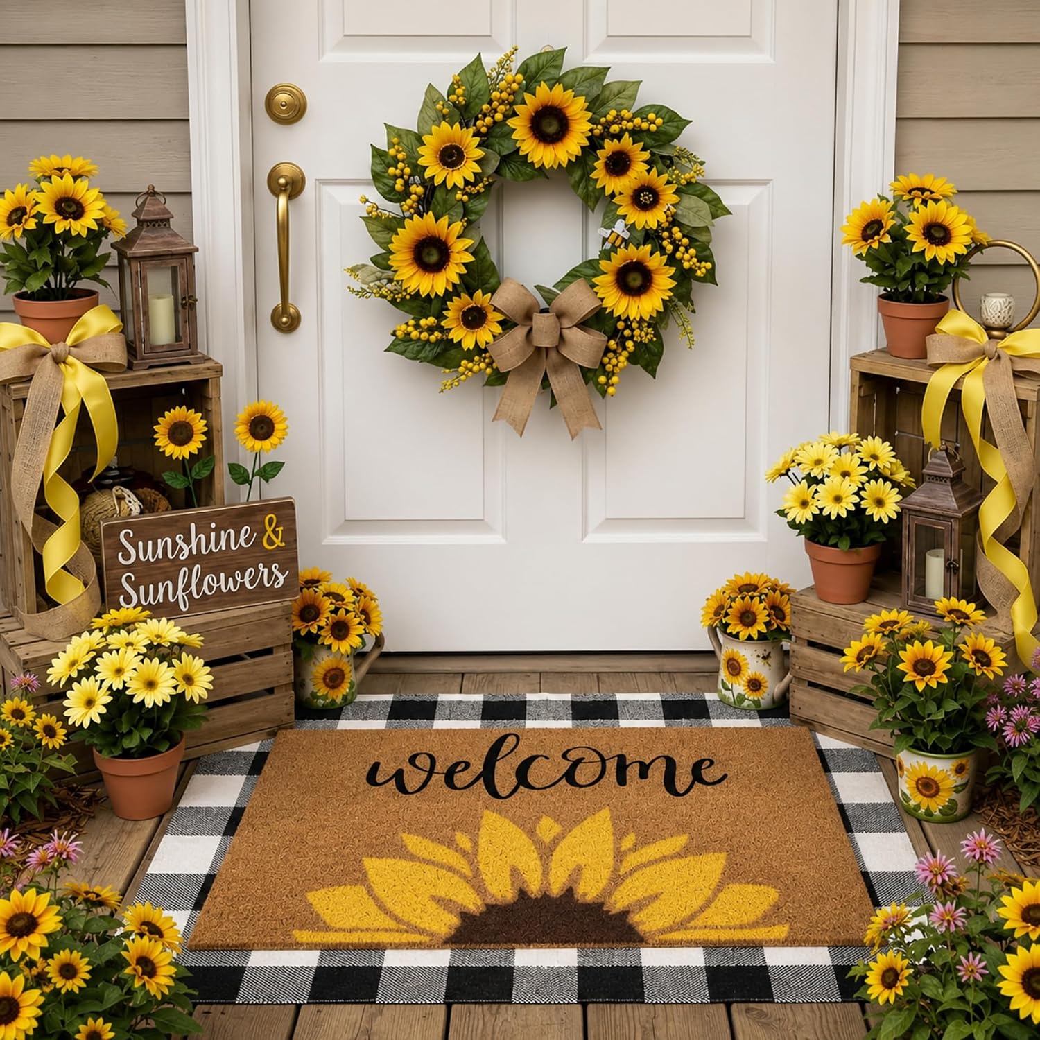 Sunflower Plaid Layered Coir Doormat