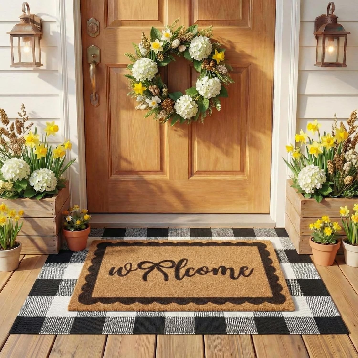 Bow Buffalo Plaid Layered Coir Doormat