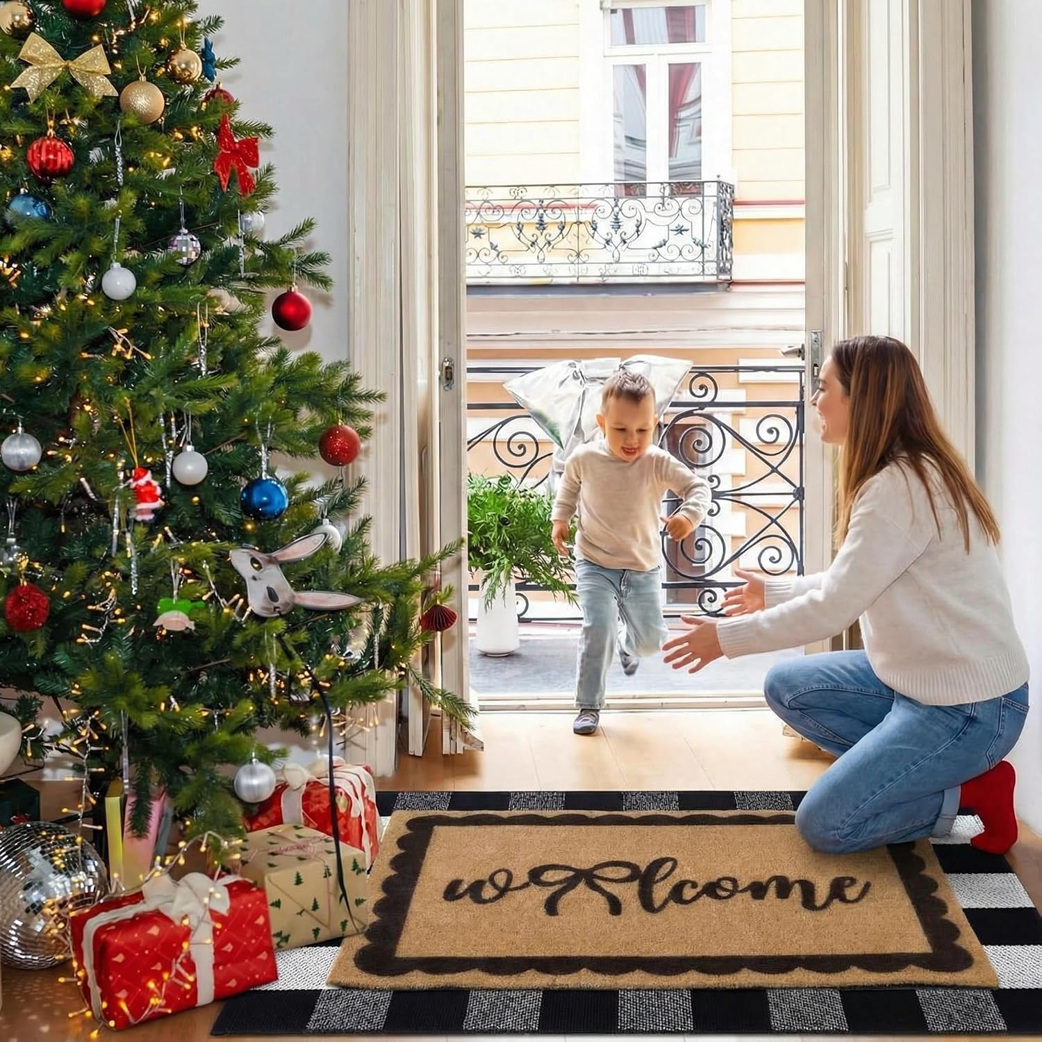 Bow Buffalo Plaid Layered Coir Doormat