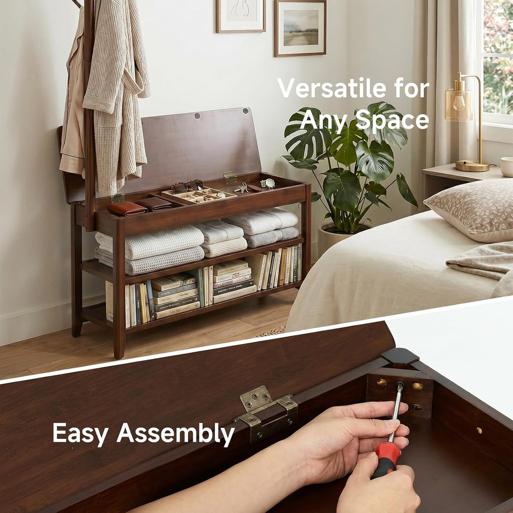 Walnut 3-in-1 Entryway Shoe Bench with Coat Rack