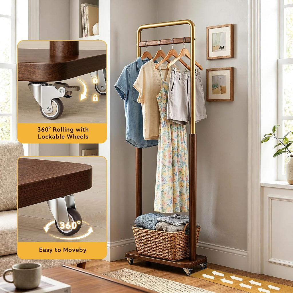 Wood Metal Rolling Freestanding Garment Rack