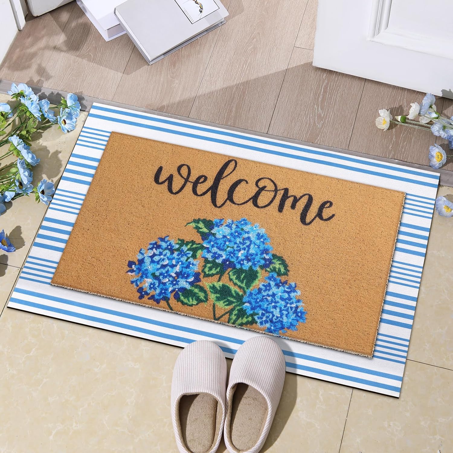 Hydrangea Striped Layered Coir Doormat