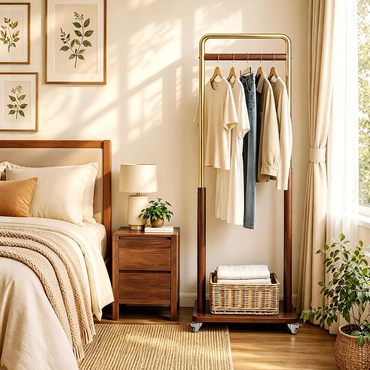 Wood Metal Rolling Freestanding Garment Rack