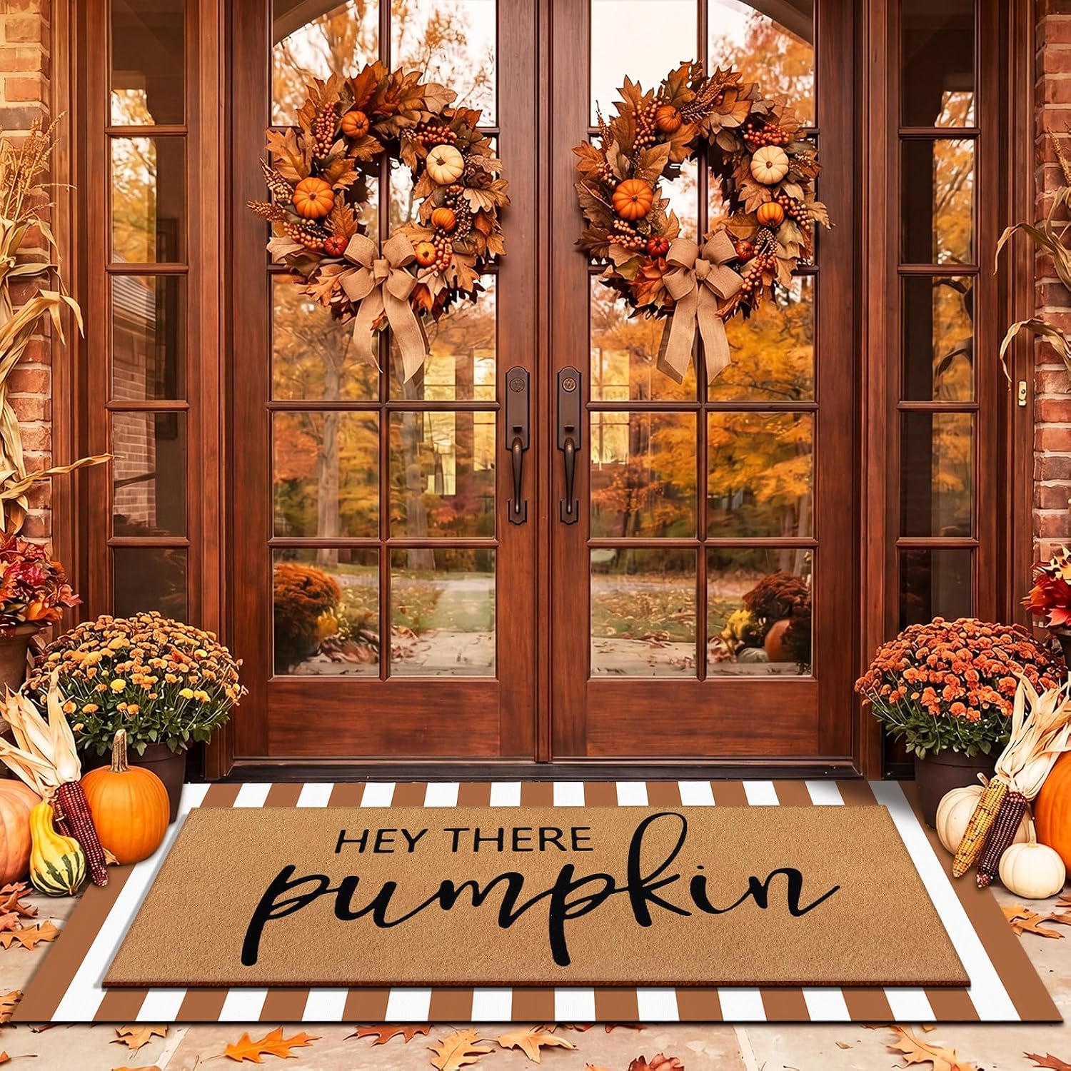 Hey There Pumpkin Fall Striped Layered Doormat