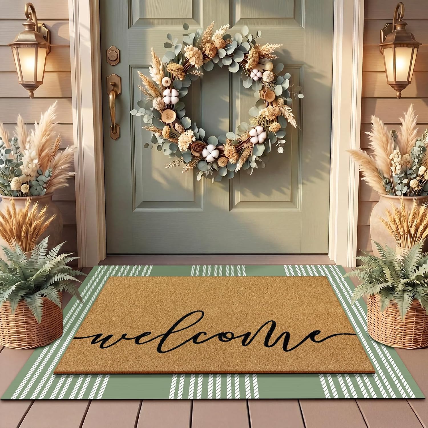 Sage Striped Layered Coir Welcome Doormat