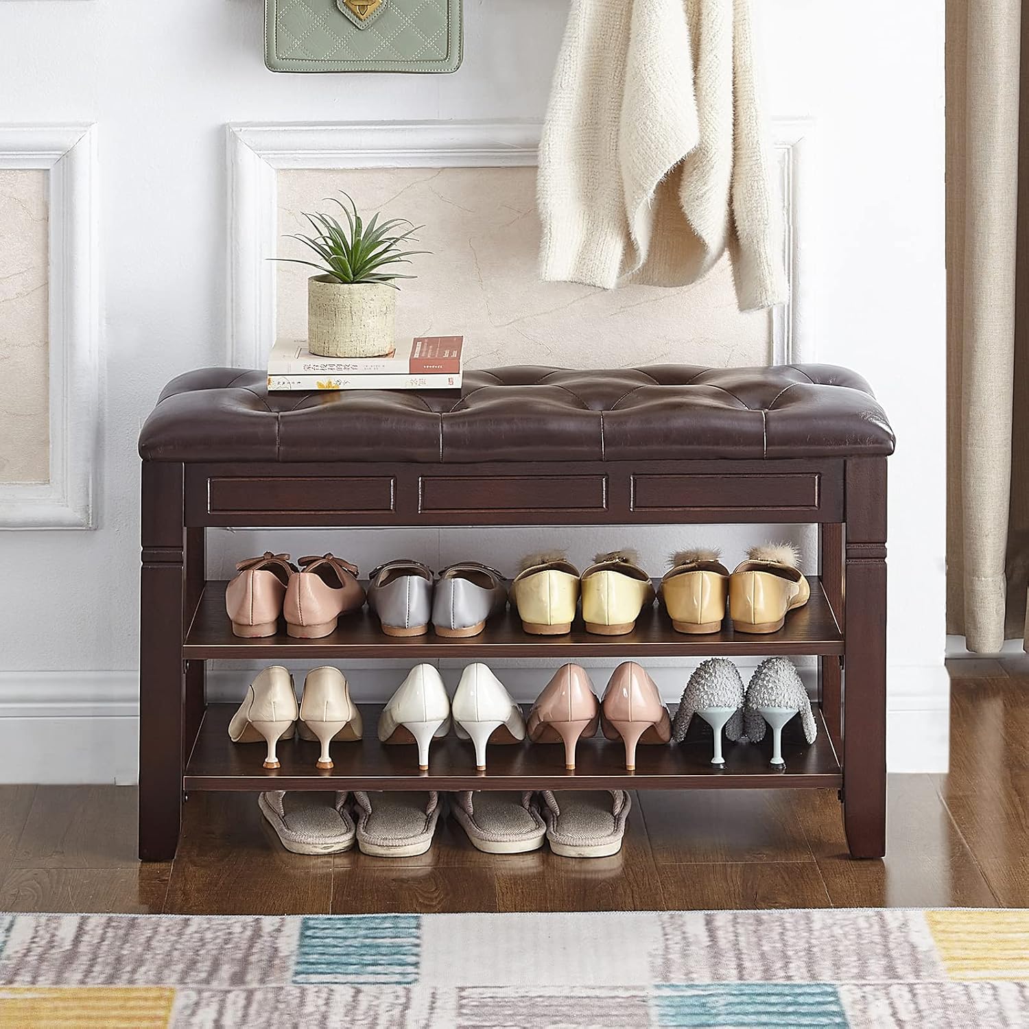 Wood Cushioned Entryway Shoe Storage Bench