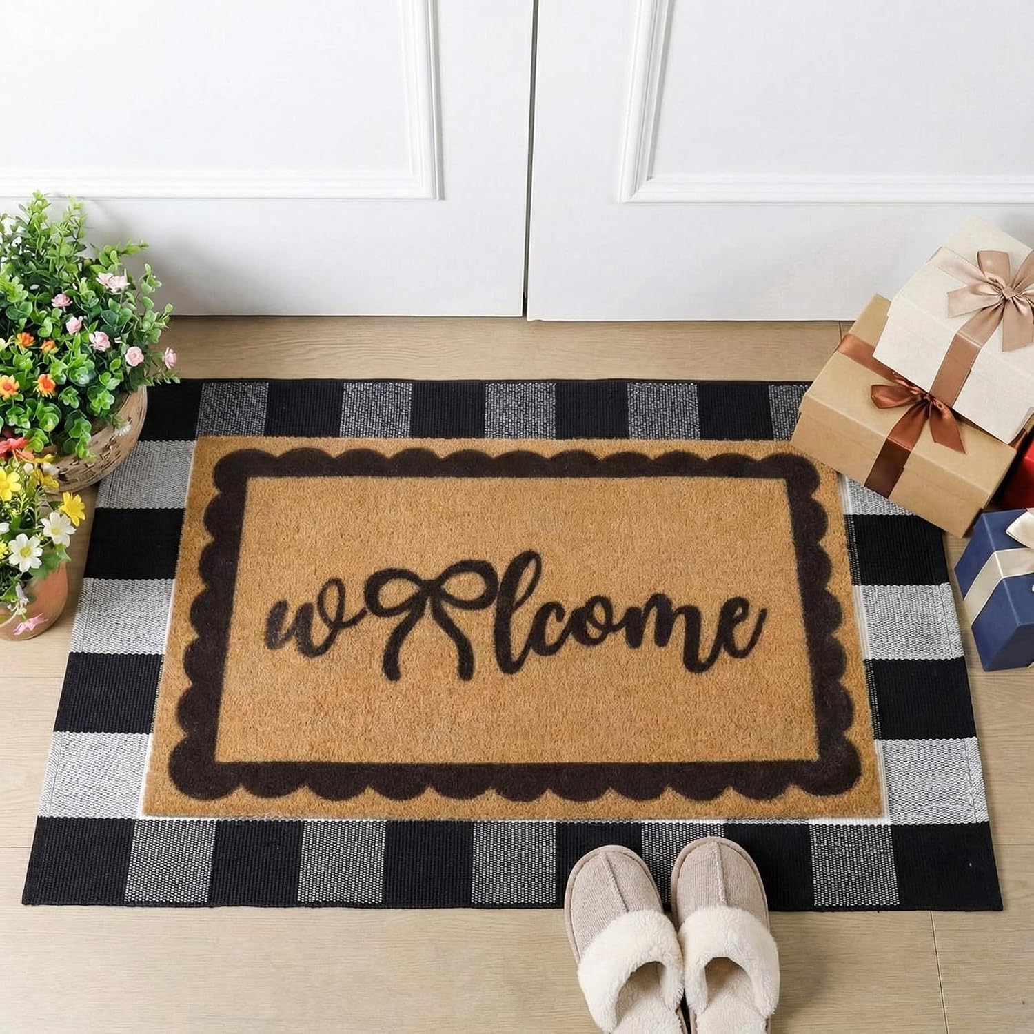 Bow Buffalo Plaid Layered Coir Doormat