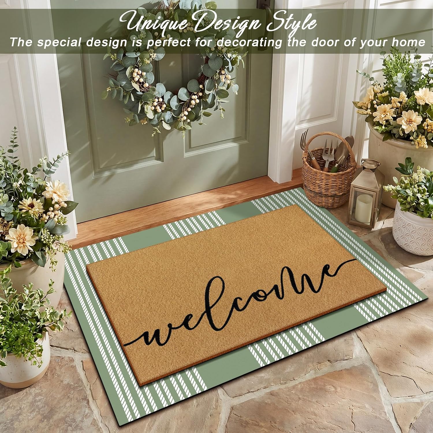 Sage Striped Layered Coir Welcome Doormat