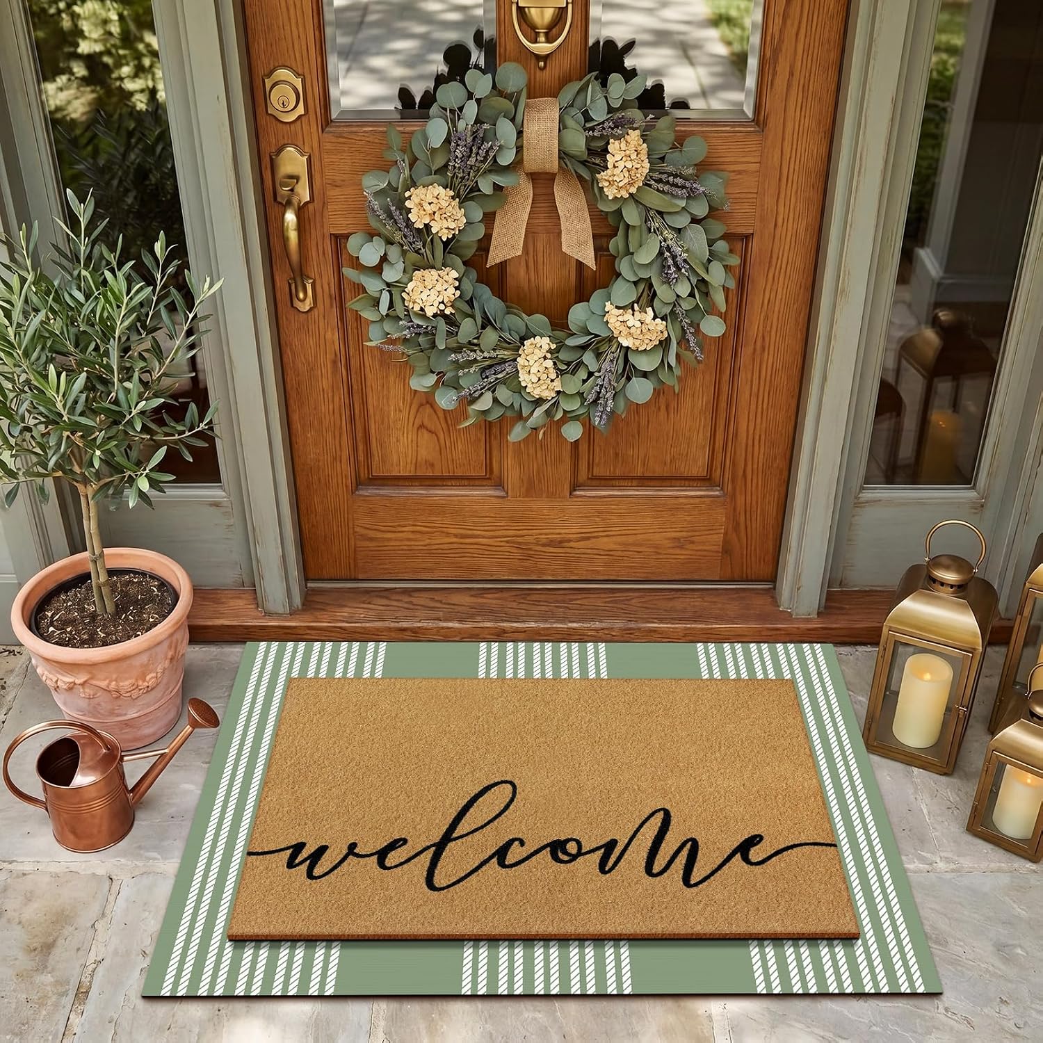 Sage Striped Layered Coir Welcome Doormat