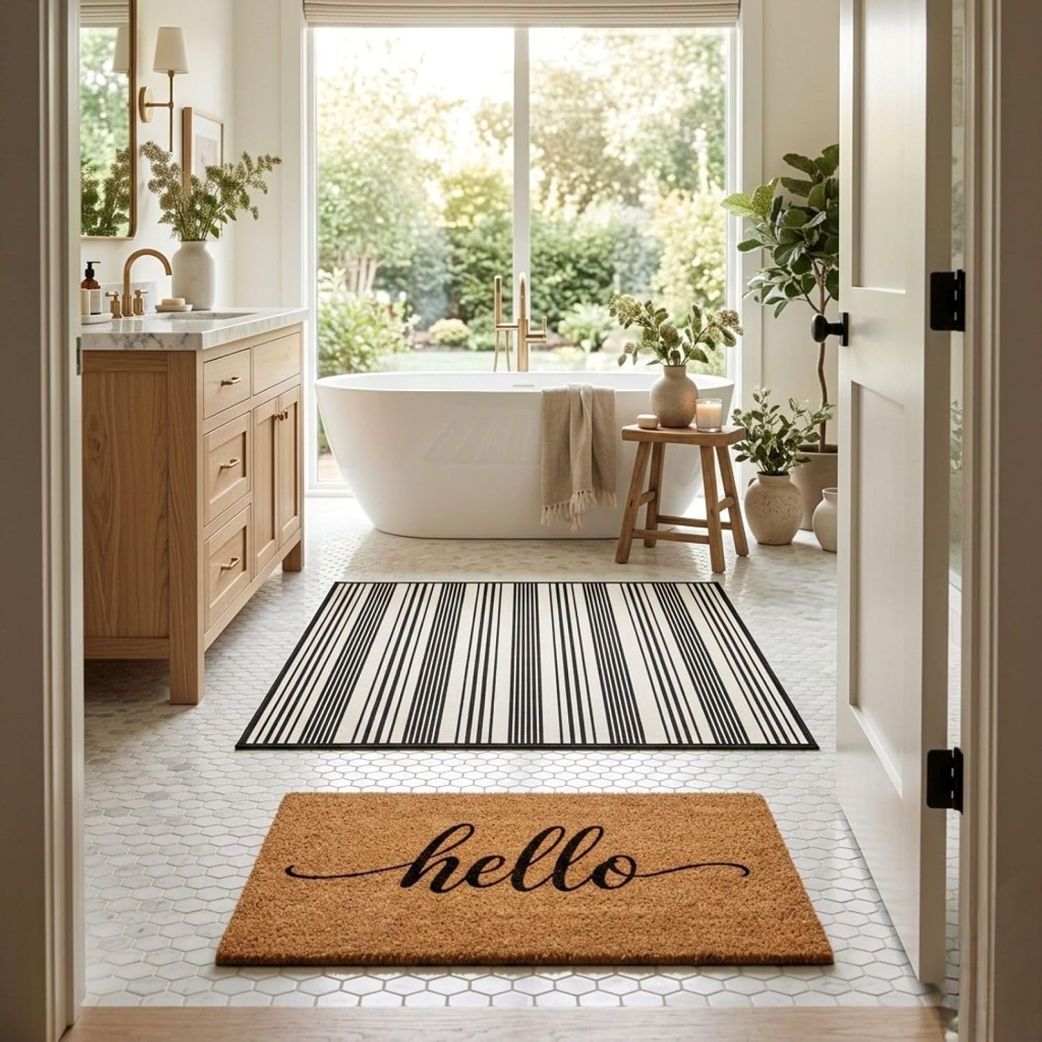 Striped Faux Coir Farmhouse Layered Doormat