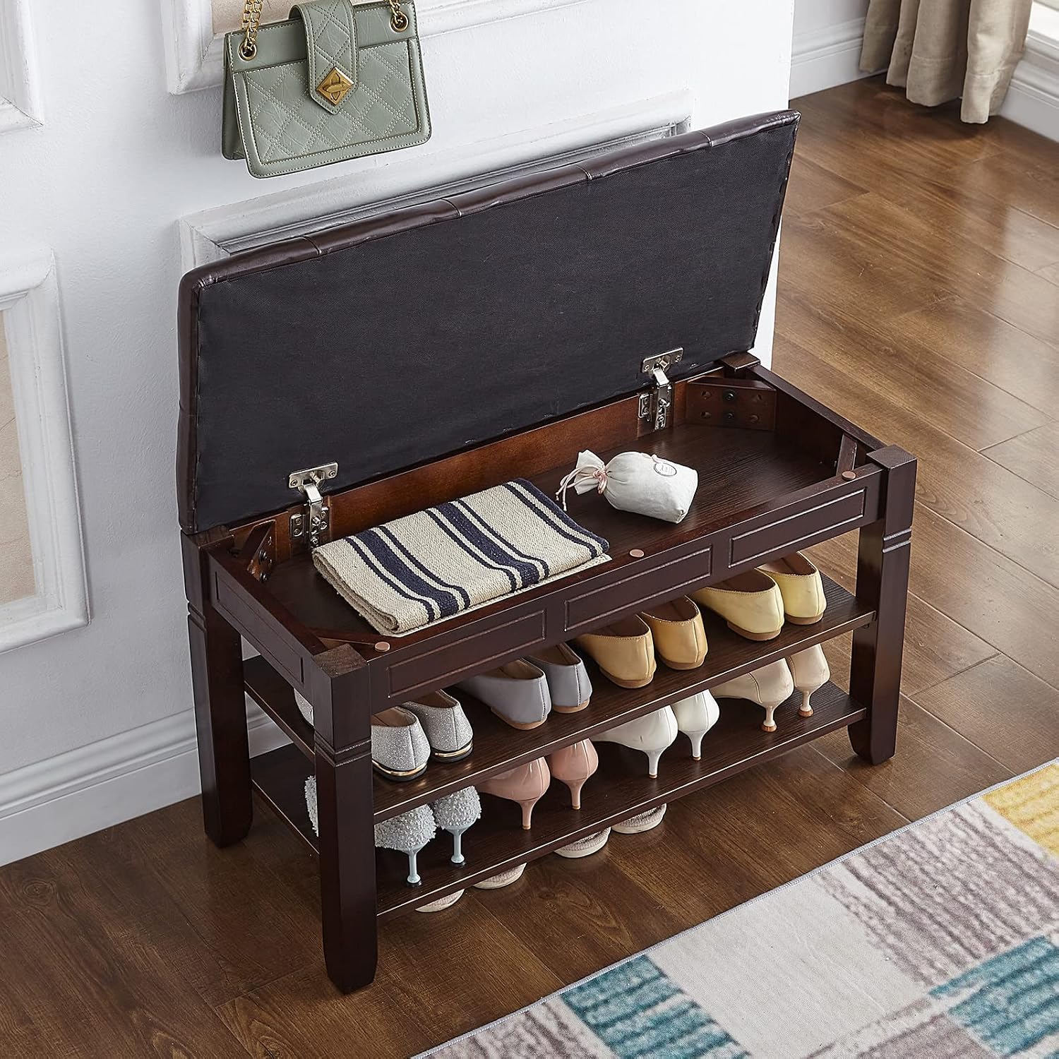 Wood Cushioned Entryway Shoe Storage Bench