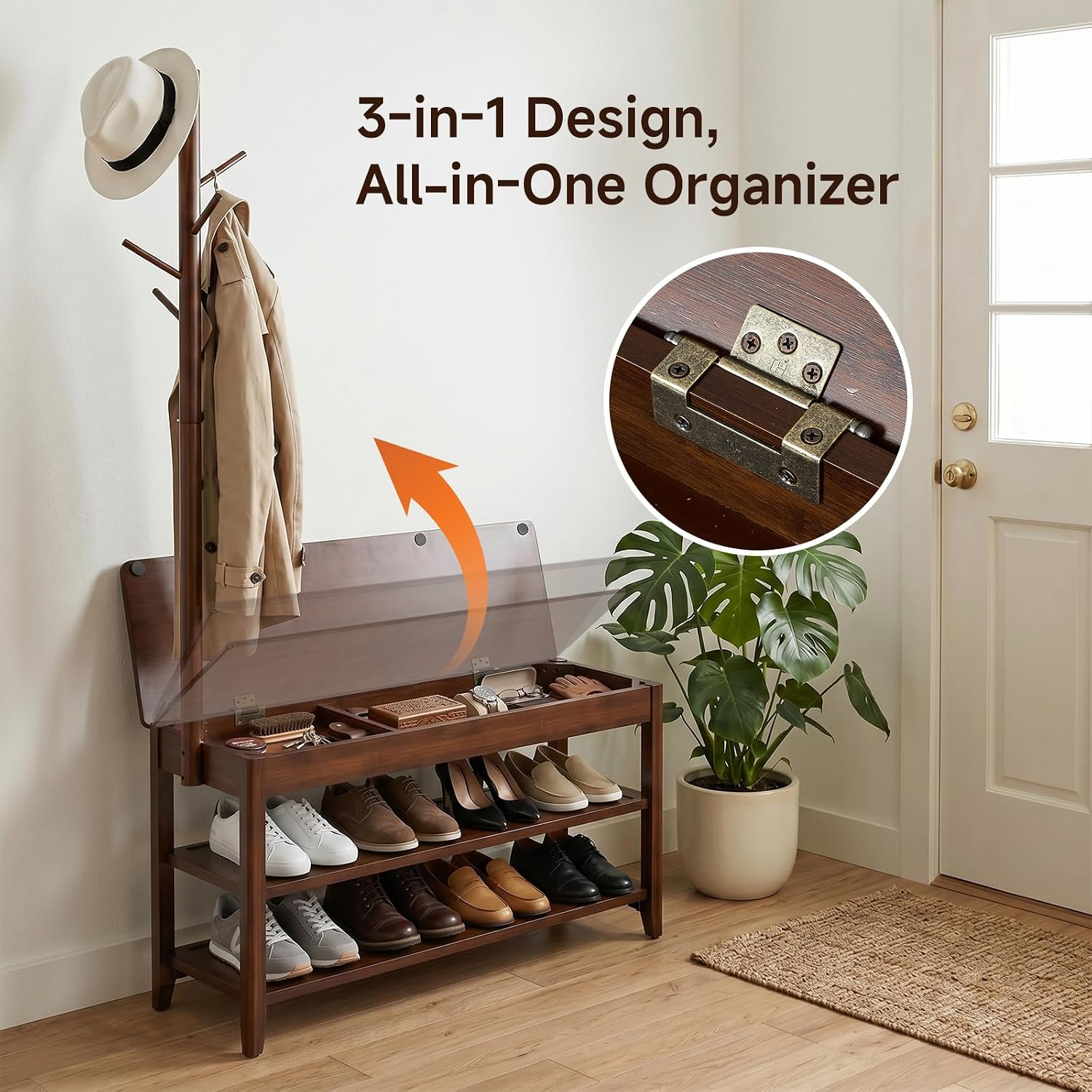 Walnut 3-in-1 Entryway Shoe Bench with Coat Rack