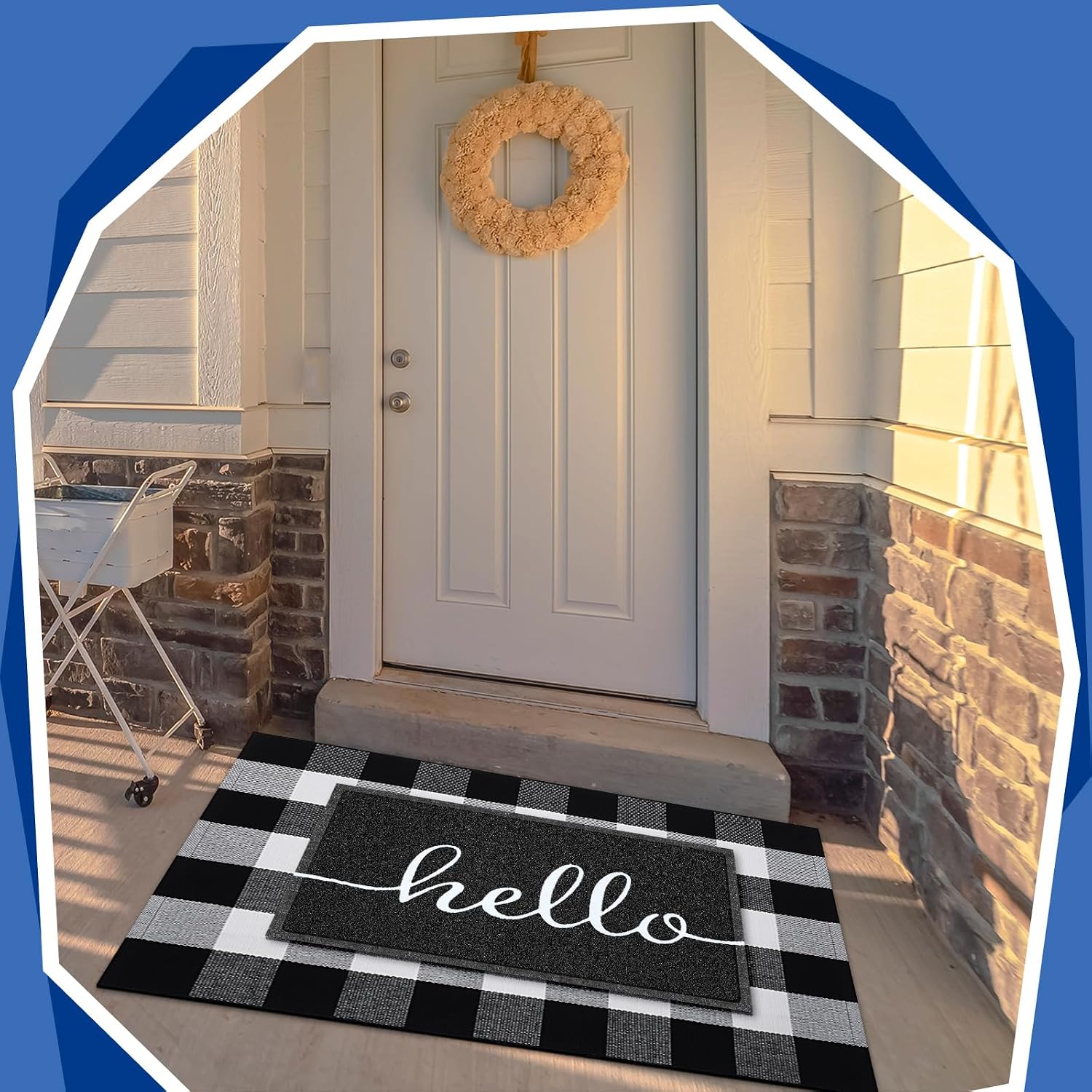 Layered Black White Welcome Entryway Doormat