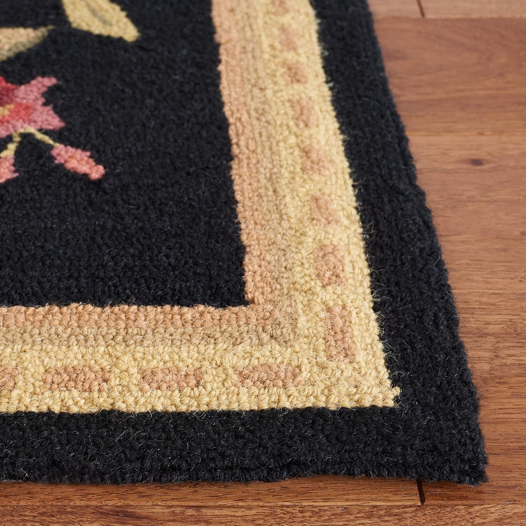 Black Hand-Hooked French Country Wool Rug